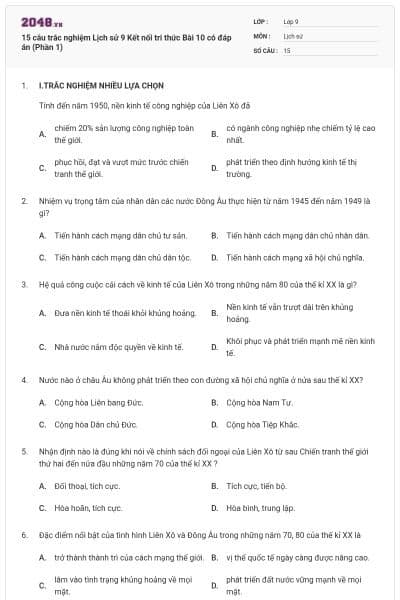 15 câu trắc nghiệm Lịch sử 9 Kết nối tri thức Bài 10 có đáp án (Phần 1)