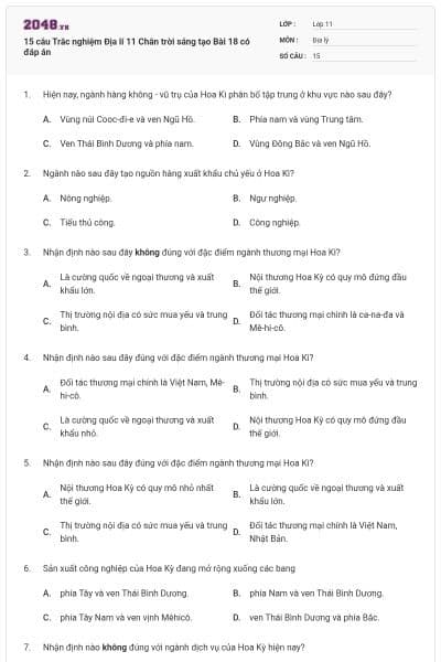 15 câu Trắc nghiệm Địa lí 11 Chân trời sáng tạo Bài 18 có đáp án