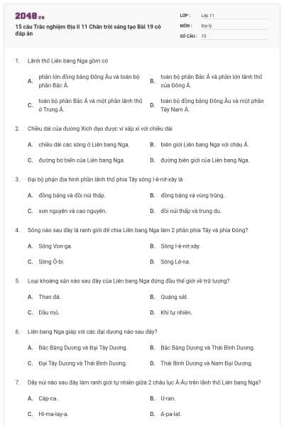 15 câu Trắc nghiệm Địa lí 11 Chân trời sáng tạo Bài 19 có đáp án