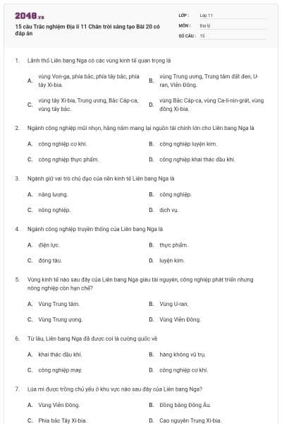 15 câu Trắc nghiệm Địa lí 11 Chân trời sáng tạo Bài 20 có đáp án