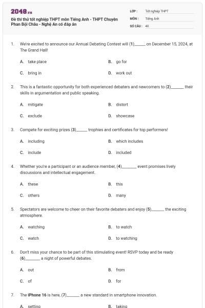 Đề thi thử tốt nghiệp THPT môn Tiếng Anh - THPT Chuyên Phan Bội Châu - Nghệ An có đáp án