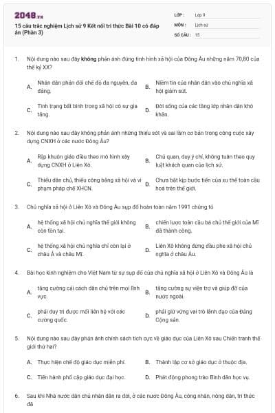 15 câu trắc nghiệm Lịch sử 9 Kết nối tri thức Bài 10 có đáp án (Phần 3)