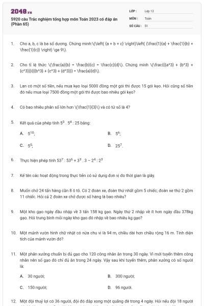 5920 câu Trắc nghiệm tổng hợp môn Toán 2023 có đáp án (Phần 65)