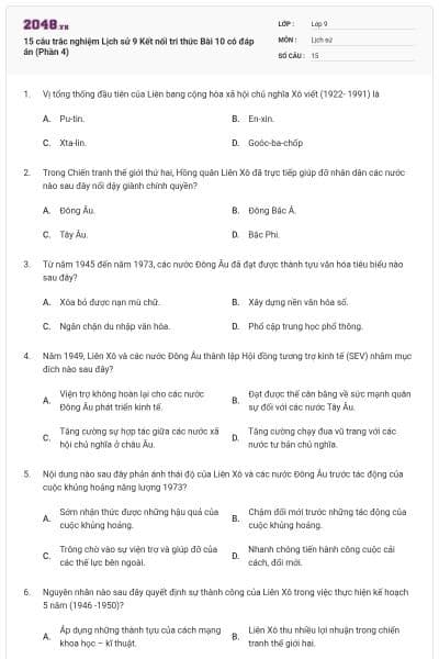 15 câu trắc nghiệm Lịch sử 9 Kết nối tri thức Bài 10 có đáp án (Phần 4)
