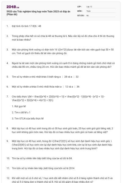 5920 câu Trắc nghiệm tổng hợp môn Toán 2023 có đáp án (Phần 66)