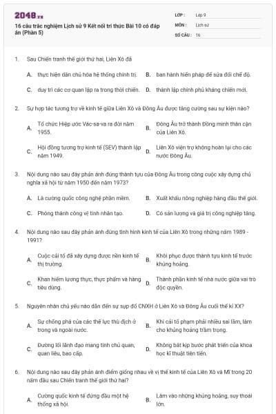 16 câu trắc nghiệm Lịch sử 9 Kết nối tri thức Bài 10 có đáp án (Phần 5)
