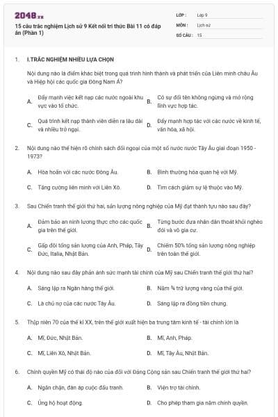 15 câu trắc nghiệm Lịch sử 9 Kết nối tri thức Bài 11 có đáp án (Phần 1)