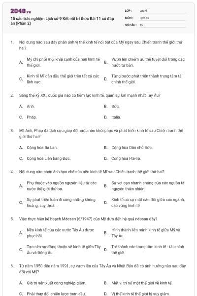 15 câu trắc nghiệm Lịch sử 9 Kết nối tri thức Bài 11 có đáp án (Phần 2)