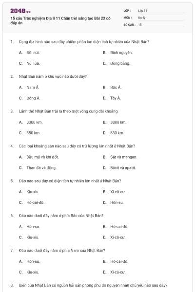 15 câu Trắc nghiệm Địa lí 11 Chân trời sáng tạo Bài 22 có đáp án