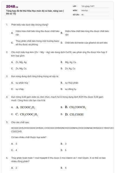 Tổng hợp đề thi thử Hóa Học mức độ cơ bản, nâng cao ( Đề số 15)