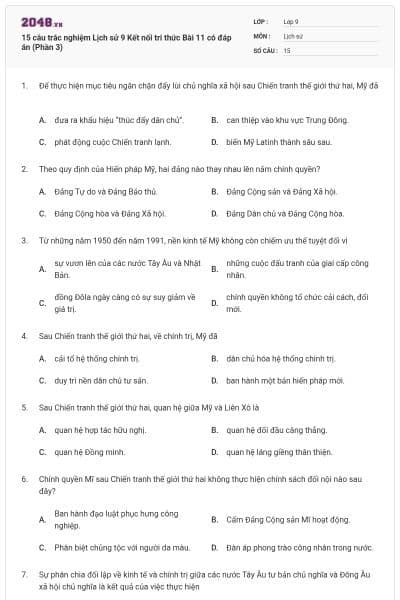 15 câu trắc nghiệm Lịch sử 9 Kết nối tri thức Bài 11 có đáp án (Phần 3)