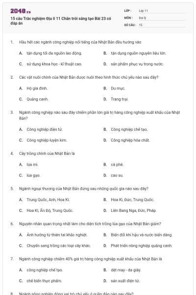 15 câu Trắc nghiệm Địa lí 11 Chân trời sáng tạo Bài 23 có đáp án