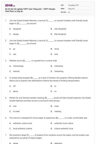 Đề thi thử tốt nghiệp THPT môn Tiếng Anh - THPT Chuyên Vĩnh Phúc có đáp án