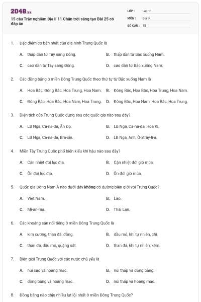 15 câu Trắc nghiệm Địa lí 11 Chân trời sáng tạo Bài 25 có đáp án