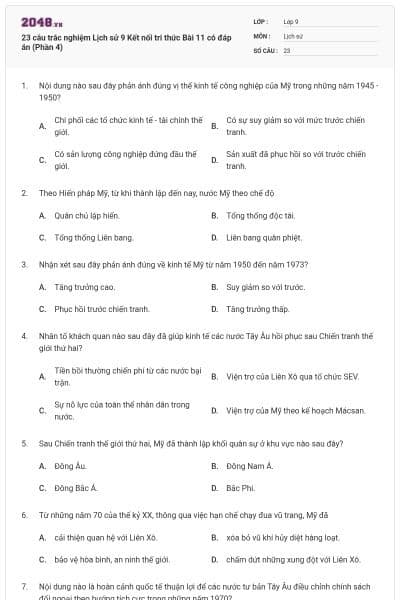 23 câu trắc nghiệm Lịch sử 9 Kết nối tri thức Bài 11 có đáp án (Phần 4)