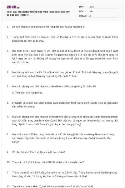 7881 câu Trắc nghiệm tổng hợp môn Toán 2023 cực hay có đáp án ( Phần 4)