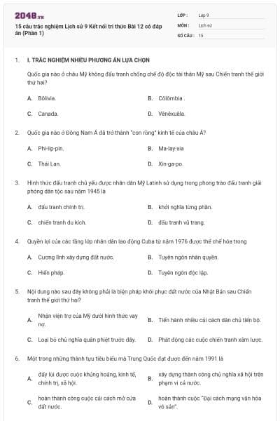 15 câu trắc nghiệm Lịch sử 9 Kết nối tri thức Bài 12 có đáp án (Phần 1)