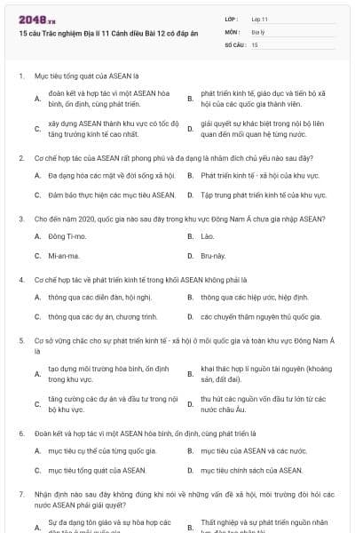 15 câu Trắc nghiệm Địa lí 11 Cánh diều Bài 12 có đáp án