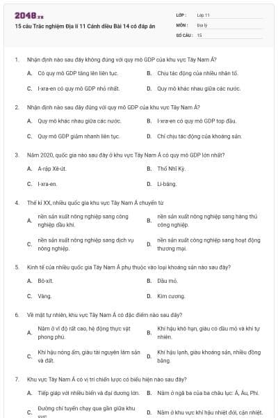 15 câu Trắc nghiệm Địa lí 11 Cánh diều Bài 14 có đáp án