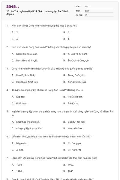 15 câu Trắc nghiệm Địa lí 11 Chân trời sáng tạo Bài 30 có đáp án