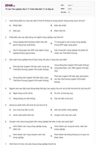 15 câu Trắc nghiệm Địa lí 11 Cánh diều Bài 17 có đáp án