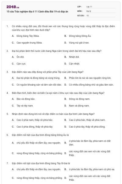 15 câu Trắc nghiệm Địa lí 11 Cánh diều Bài 19 có đáp án