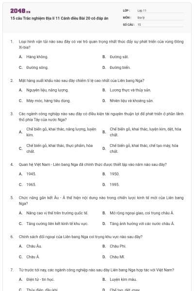 15 câu Trắc nghiệm Địa lí 11 Cánh diều Bài 20 có đáp án