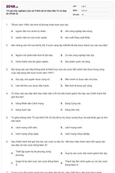 15 câu trắc nghiệm Lịch sử 9 Kết nối tri thức Bài 12 có đáp án (Phần 6)