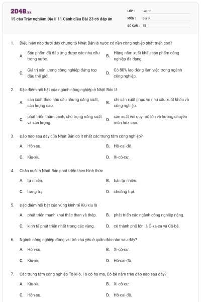 15 câu Trắc nghiệm Địa lí 11 Cánh diều Bài 23 có đáp án