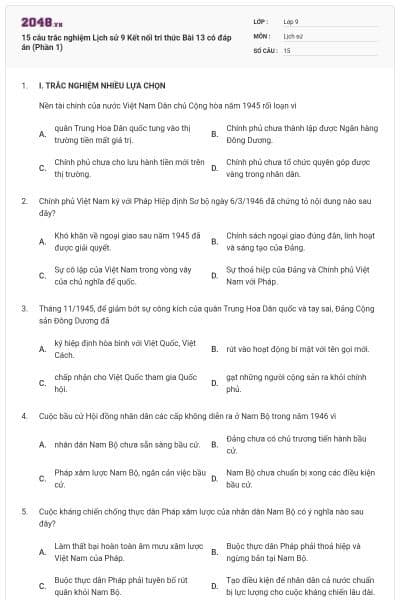 15 câu trắc nghiệm Lịch sử 9 Kết nối tri thức Bài 13 có đáp án (Phần 1)