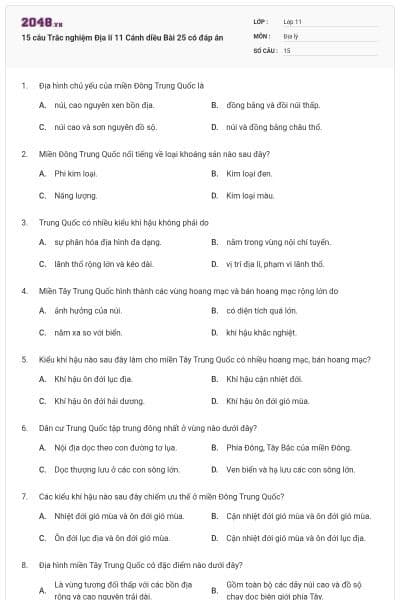 15 câu Trắc nghiệm Địa lí 11 Cánh diều Bài 25 có đáp án