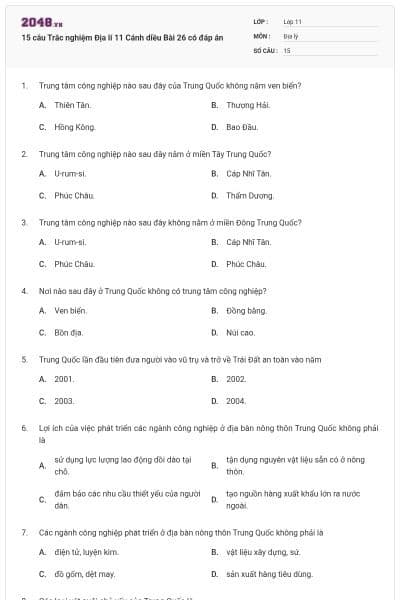 15 câu Trắc nghiệm Địa lí 11 Cánh diều Bài 26 có đáp án
