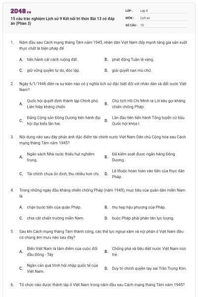 15 câu trắc nghiệm Lịch sử 9 Kết nối tri thức Bài 13 có đáp án (Phần 3)