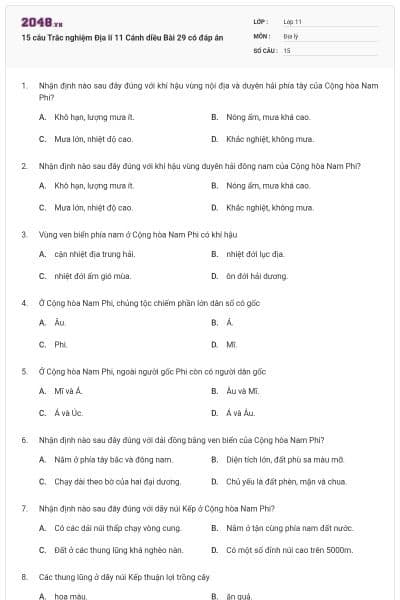 15 câu Trắc nghiệm Địa lí 11 Cánh diều Bài 29 có đáp án