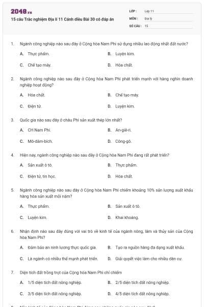 15 câu Trắc nghiệm Địa lí 11 Cánh diều Bài 30 có đáp án