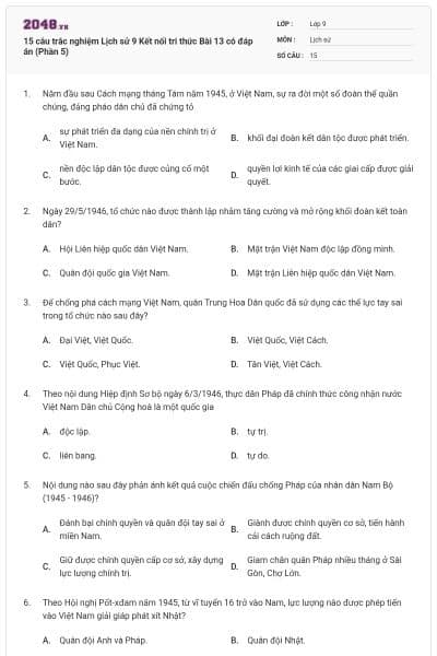 15 câu trắc nghiệm Lịch sử 9 Kết nối tri thức Bài 13 có đáp án (Phần 5)