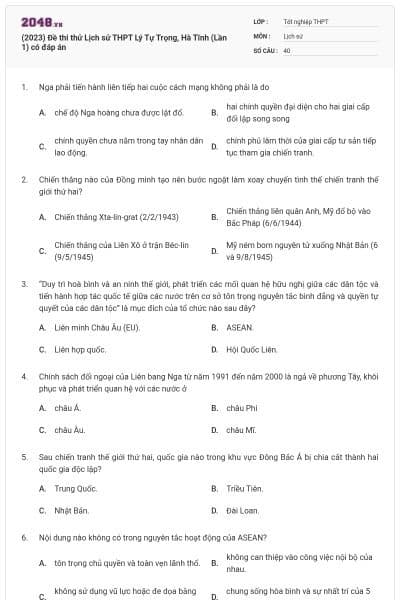 (2023) Đề thi thử Lịch sử THPT Lý Tự Trọng, Hà Tĩnh (Lần 1) có đáp án