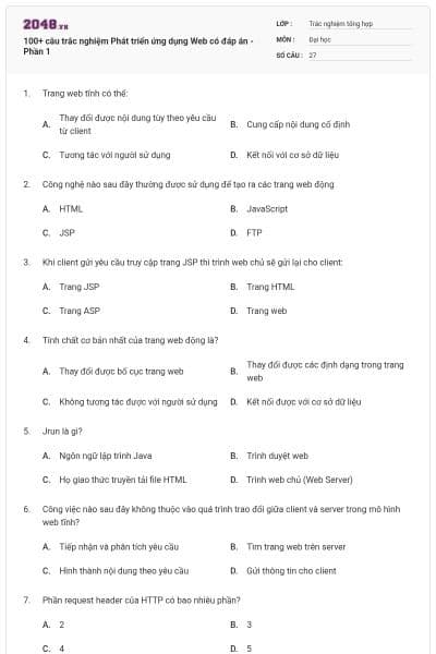 100+ câu trắc nghiệm Phát triển ứng dụng Web có đáp án - Phần 1