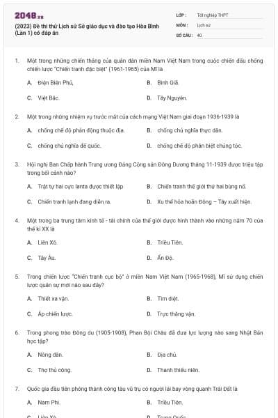 (2023) Đề thi thử Lịch sử Sở giáo dục và đào tạo Hòa Bình (Lần 1) có đáp án
