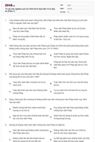 15 câu trắc nghiệm Lịch sử 9 Kết nối tri thức Bài 14 có đáp án (Phần 1)