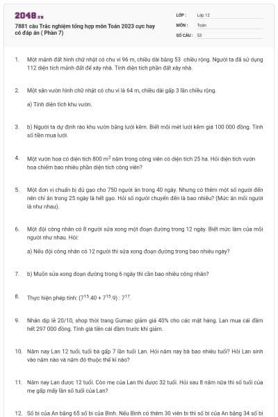 7881 câu Trắc nghiệm tổng hợp môn Toán 2023 cực hay có đáp án ( Phần 7)