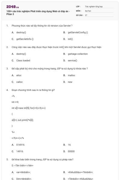 100+ câu trắc nghiệm Phát triển ứng dụng Web có đáp án - Phần 3