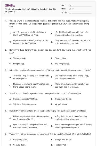 15 câu trắc nghiệm Lịch sử 9 Kết nối tri thức Bài 14 có đáp án (Phần 3)