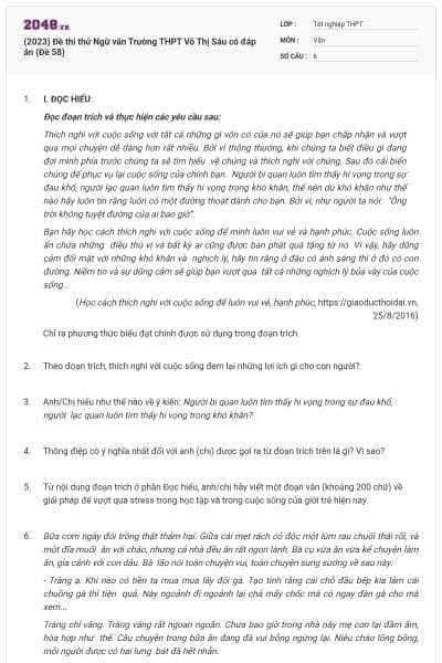 (2023) Đề thi thử Ngữ văn Trường THPT Võ Thị Sáu có đáp án (Đề 58)