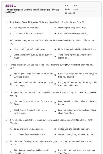 15 câu trắc nghiệm Lịch sử 9 Kết nối tri thức Bài 14 có đáp án (Phần 4)