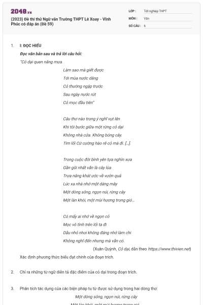 (2023) Đề thi thử Ngữ văn Trường THPT Lê Xoay - Vĩnh Phúc có đáp án (Đề 59)
