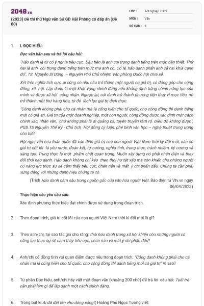 (2023) Đề thi thử Ngữ văn Sở GD Hải Phòng có đáp án (Đề 60)