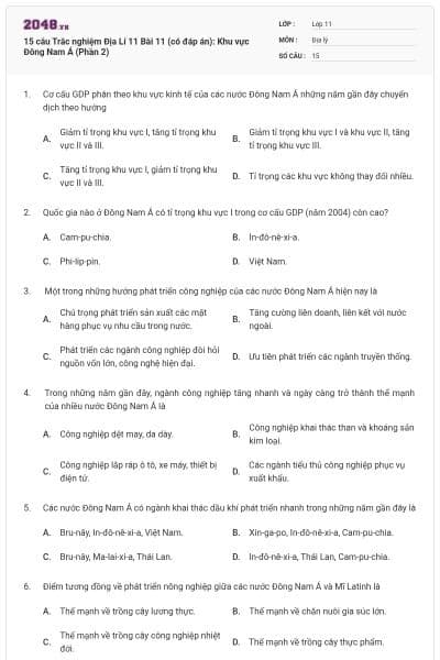 15 câu Trắc nghiệm Địa Lí 11 Bài 11 (có đáp án): Khu vực Đông Nam Á (Phần 2)