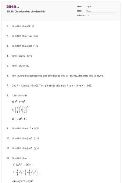 Bài 10: Chia đơn thức cho đơn thức