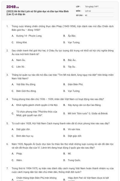 (2023) Đề thi thử Lịch sử Sở giáo dục và đào tạo Hòa Bình (Lần 2) có đáp án